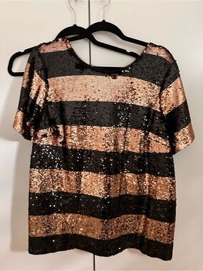 Anthropologie Black and Rose Gold Sequin Striped Short Sleeve Top